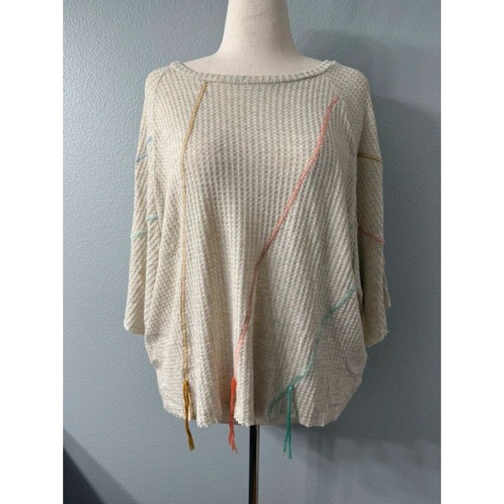Made in USA Waffle Knit Dolman Top Colorful Contrast Stitch Large